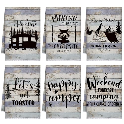 Boyiee Set of 6 Camping Kitchen Towels Happy Camper Tea Towels | Absorbent Farmhouse Dish Towels with Funny Sayings 24 x 16 Inches Camping Hand Towels for Rv Campers Lovers Gifts Accessories - color: Rustic