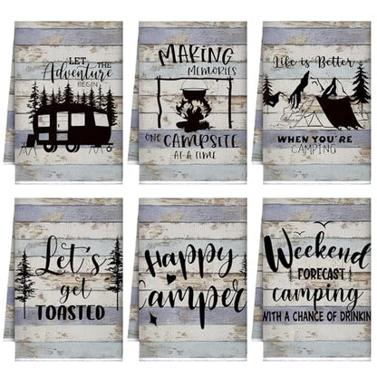 Boyiee Set of 6 Camping Kitchen Towels Happy Camper Tea Towels | Absorbent Farmhouse Dish Towels with Funny Sayings 24 x 16 Inches Camping Hand Towels for Rv Campers Lovers Gifts Accessories - color: Rustic