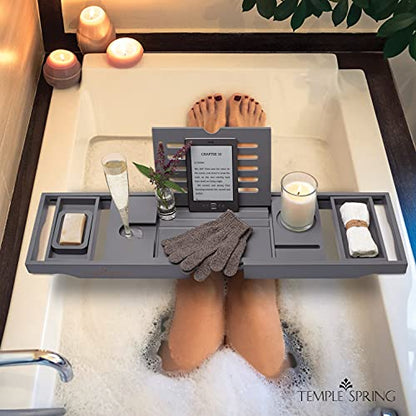 Bamboo Bathtub Tray Caddy for Tub — Expandable Wood Bath Tray with Solid Book Stand Wine Holder and Non-Slip Pads — Includes Bamboo Soap Dish and Spa Accessories — Luxury Bath Gift Set - color: Gray
