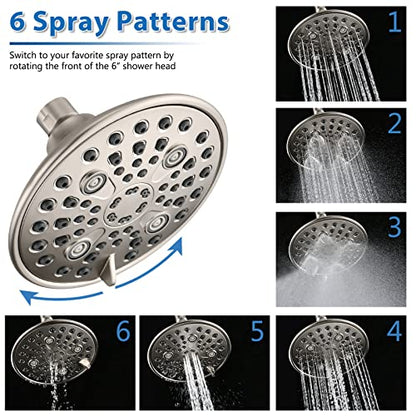Proox Double Shower Head with Built-in Valve, High Pressure 6 Setting Dual Shower Head Design for Couple on Walk-in Bathroom or Single on Bathtub Bathroom - Brushed Nickel - color: Brushed Nickel