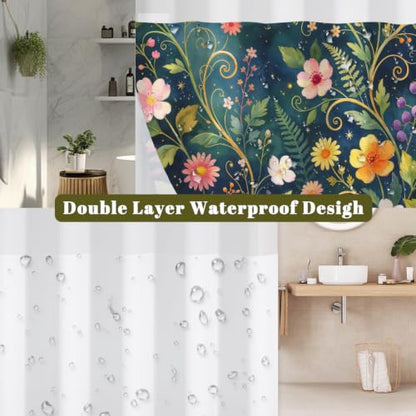 Boho Floral No Hook Shower Curtain with Snap in Liner & Tassels | Double Layer Waterproof & Mesh Top, Whimsical Dark Botanical & Wildflower Design for Modern Bohemian Style Bathroom, 71Wx77L - color: Whimsical Flowers