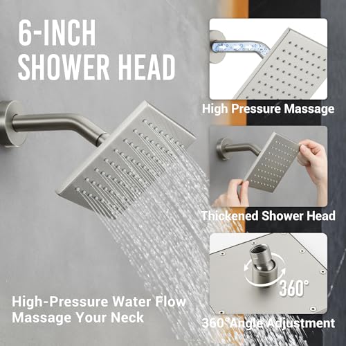 Thermostatic Dual Shower System, Shower Faucet(Brushed Nickel) | 12 Inch Rainfall Shower Head, 6 Inch Wall Mount Head, High Pressure Handheld Sprayer, Push Button Valve - color: Brushed Nickel