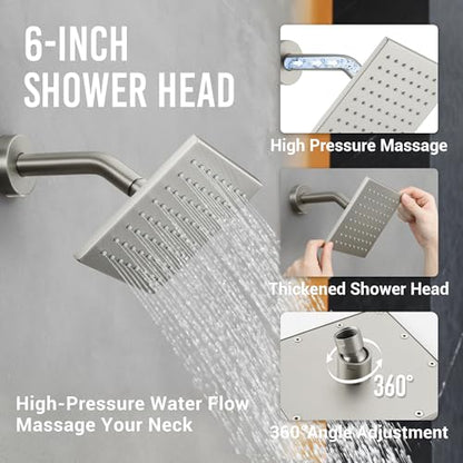 Thermostatic Dual Shower System, Shower Faucet(Brushed Nickel) | 12 Inch Rainfall Shower Head, 6 Inch Wall Mount Head, High Pressure Handheld Sprayer, Push Button Valve - color: Brushed Nickel