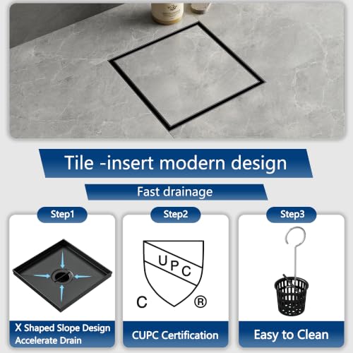 Neodrain 8 in Black Square Shower Drain with Removable Tile Insert Grate | 304 Stainless Steel Tile Square Drain, Hidden Drain,Easy to Clean, Waterproof & Sturdy Shower Drain, CUPC Certified - color: Matte Black, size: 8 IN