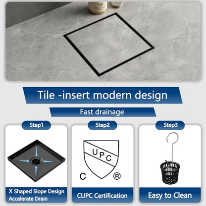 Neodrain 8 in Black Square Shower Drain with Removable Tile Insert Grate | 304 Stainless Steel Tile Square Drain, Hidden Drain,Easy to Clean, Waterproof & Sturdy Shower Drain, CUPC Certified - color: Matte Black, size: 8 IN