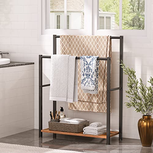 HOOBRO Free Standing Towel Rack for Bathroom, 22" L x 9.4" W x 31.5" H, 2 Tier Blanket Rack, Blanket Holder, Drying and Display Rack with Shelf, Rustic Brown and Black BF04LB01 - color: Rustic Brown + Black, size: 22" L x 9.4" W x 31.5" H