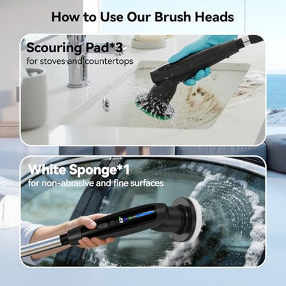 Electric Cleaning Brush - 10-in-1 IPX7 Full Waterproof Electric Spin Scrubber with LED Display, Gravity Sensing Dual Speed Adjustment, Suitable for Bathrooms, Kitchens, Sinks, Tiles, Cars