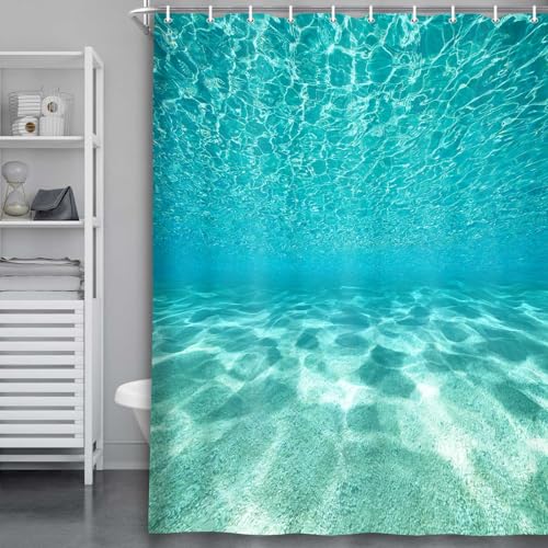 MERCHR Cute Teal Blue Ocean Shower Curtain, Nature Underwater Sea World Sand Beach Bathroom Curtains Waterproof Fabric, 60X72 Inches - color: Teal, size: 60"W x 72"L (Pack of 1)