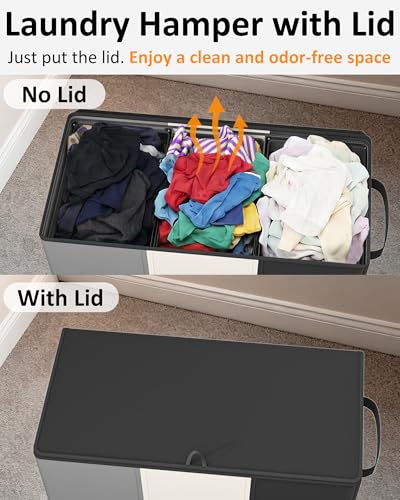 Optish 180L Laundry Hamper 3 Section, Large Laundry Hamper with Lid, Dirty Clothes Hampers with 3 Inner Bags, Laundry Basket Organizer for Laundry, Bedroom, Bathroom, Hamper 3 Compartment - color: Black & White & Grey