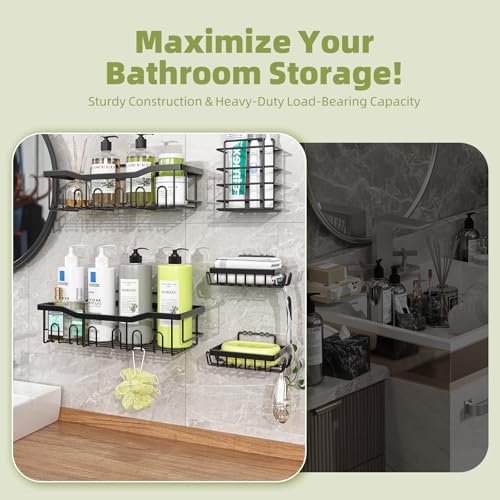 Simple Trending Shower Caddy, 5 Pack Rustproof Stainless Steel Shower Shelves, No Drilling Bathroom Organizer Adhesive with Large Capacity, Black Metal Storage Basket