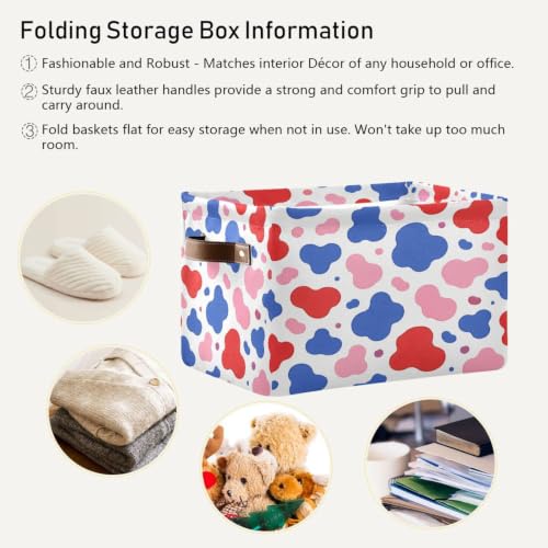 Red Pink Blue Cow Pattern Storage Baskets 1 Pack | Collapsible Open Home Storage Bin with Handle for Home Bedroom Cloth