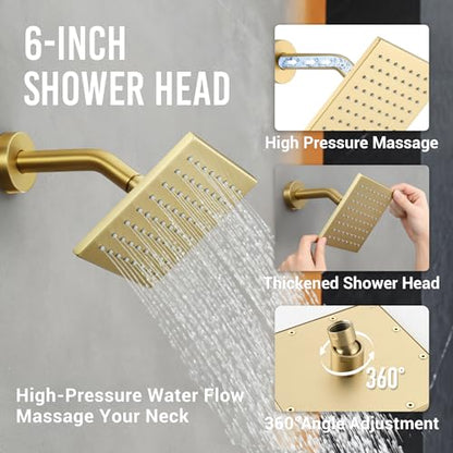 Thermostatic Dual Shower System, Rain Shower Faucet, Brushed Gold | 12 Inch Shower Head, 6 Inch Wall Mount Head, High Pressure Handheld Sprayer, Push Button Valve - color: Brushed Gold