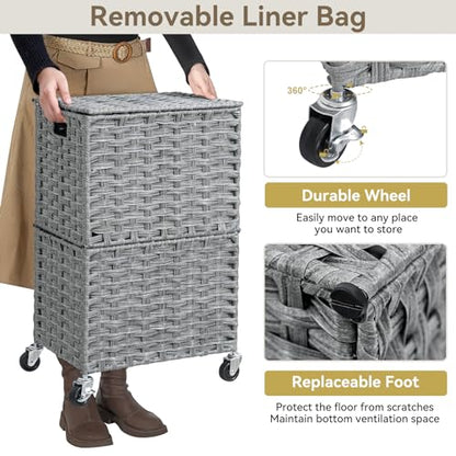 Chrislley Wicker Laundry Basket with Wheels,Rolling Laundry Hamper with Lid | 90L Slim Clothes Hamper with Wheels & Removable Liner Bag, Handwoven Rattan Laundry Organizer for Bedroom, Bathroom, Grey - color: Grey