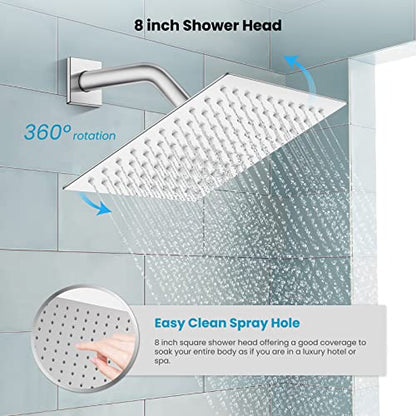gotonovo Rainfall Bathroom Shower System Rain Shower Head and Handle Set Wall Mounted Shower Complete Combo Solid Brass Pressure Balancing Shower Mixer Valve 8 Inch Polished Chrome - color: Polished Chrome, size: 8 Inch