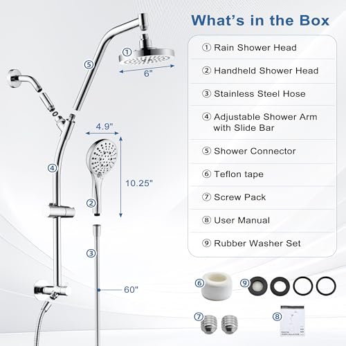 BRIGHT SHOWERS Rain Shower Head with Handheld Combo, Dual Shower System with Slide Bar, Rain Shower System, Adjustable Height, Brass Slide Bar & Diverter, 60 Inch Stainless Steel Hose, Chrome - color: Chrome