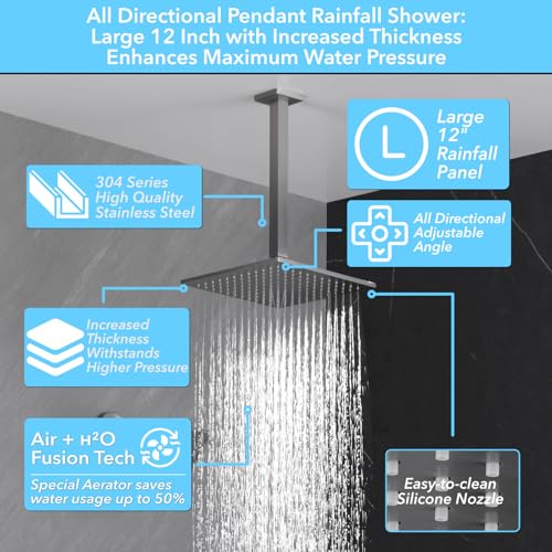 VANFOXLE Rain Shower System Brushed Nickel Shower Faucet Set, High Pressure | Push Button Diverter, 12 Inch Ceiling Mount Rain Head Increased Thick, 6 Inch Side Head, 2-in-1 Handheld Sprayer - color: Brushed Nickel, style: 12"+6" Head