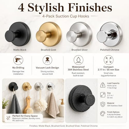 Suction Cup Hooks Removable Shower Hooks, 4Pcs Metal Towel Hooks for Bathroom Window Glass Wall Door Can Hang Various Towels Bath Towels Keychains, Gold Front Door Wreath Hanger, No-Drill Waterproof - color: Gold