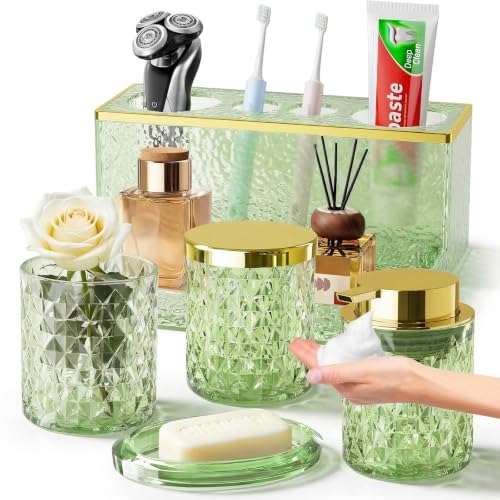 Glass Bathroom Accessories Set 5Pcs Crystal - Foaming Soap Dispenser, Soap Dish, Cup, Acrylic Toothbrush Holder with Tray Organizer, Qtip Jar, Bathroom Counter Set Sink Decor (Green) - color: Green