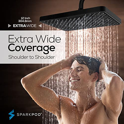 SparkPod 12 Inch Black Rain Shower Head - Ceiling or Wall Mount Rainfall Shower Head - Large Coverage Showerhead - Brass Ball Joint with 360° Adjustment - 1-Min Install (Midnight Black Matte) - color: 3 - Midnight Black Matte 12 Inch Rectangle, style: 12