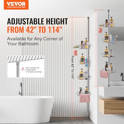 VEVOR Shower Corner Caddy Tension Pole, 42" to 114" High, Multi-Functional Shower Tension Pole with Strong Load-Bearing Tray, Rust-Proof Easy-to-Install, Fit for Bathroom & Washroom, Silver