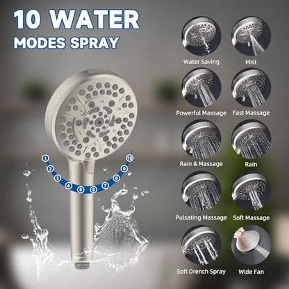 Metal Dual Rain Shower Head Easy Reach, 10-Spray Handheld, Brushed Nickel | High Pressure Rainfall Shower Head with Shower Extension Arm, 71" Hose, 3-way Diverter, Brass Shower Bracket - color: Brushed Nickel, style: 5" Showerhead