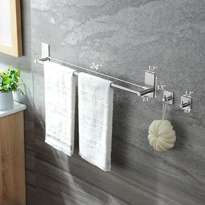 Taozun Towel Bar - 24 Inch Towel Holder with 2 Packs Adhesive Hooks | Hand Towel Rack Stick on Wall, Stainless Steel Bathroom Hardware Accessory Kit - color: Silver, size: 24-inch