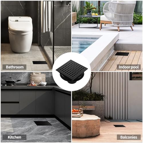 Shower Drain, Matte Black 6 inch Square Shower Floor Drain with Flange, Removeable Grid Panel SUS 304 Stainless Steel Square Shower Drain - color: Matte Black, size: 6 inch