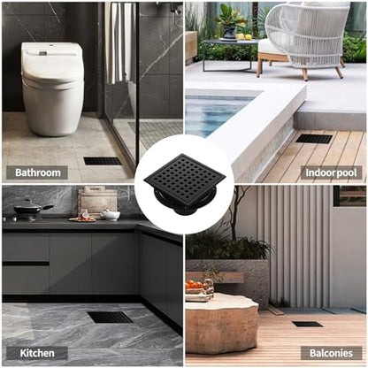 Shower Drain, Matte Black 6 inch Square Shower Floor Drain with Flange, Removeable Grid Panel SUS 304 Stainless Steel Square Shower Drain - color: Matte Black, size: 6 inch
