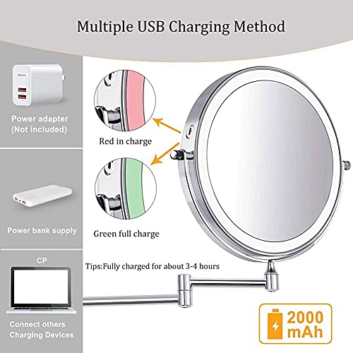 8'' Wall Mounted Makeup Mirror Black USB Rechargeable Double Sided with 3 Tones LED Lights 1x/5x Magnifying Bathroom Mirror for Shaving Extendable Arm Touch Control1X/5X