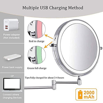 8'' Wall Mounted Makeup Mirror Black USB Rechargeable Double Sided with 3 Tones LED Lights 1x/5x Magnifying Bathroom Mirror for Shaving Extendable Arm Touch Control1X/5X