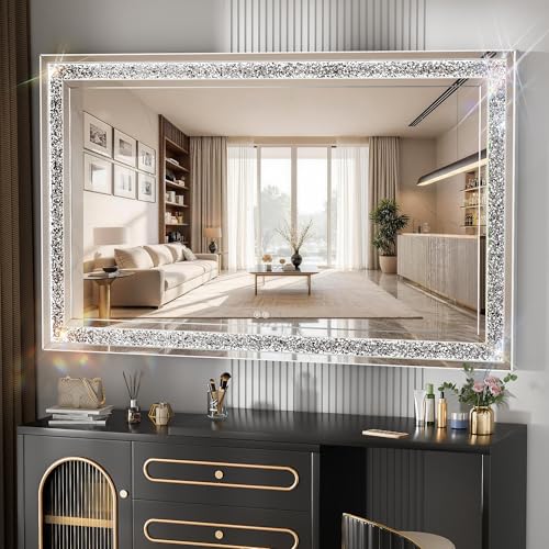 WINNICE 59" x 35" LED Diamond Wall Mirror, Dim & Anti-Fog | Crystal glass, dimmable & anti-fog, mounts vertical/horizontal, ideal for bathroom, bedroom, living room. - size: 59"L x 35"W