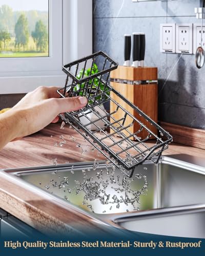 Consumest Sink Caddy, Kitchen Sponge Holder with Dish Brush Holder, Kitchen Sink Organizer with Drip Tray for Countertop Stainless Steel Rustproof, Black-Large - color: Black-l