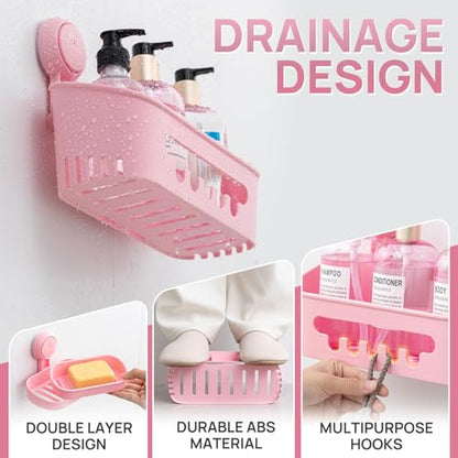 Shower Caddy Suction Cup Set Shower Organizer & Soap Holder, Pink | Toothbrush Holder, Bathroom Shelf Basket NO-Drilling, Removable Suction Storage, Waterproof Bathroom Caddy - color: 3 X Pink