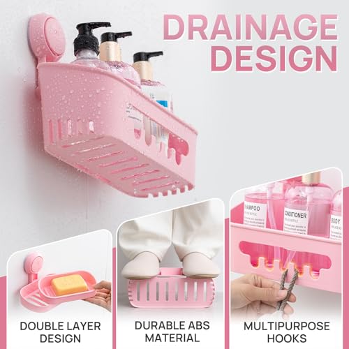 Shower Caddy Suction Cup Set Shower Organizer & Soap Holder, Pink | Toothbrush Holder, Bathroom Shelf Basket NO-Drilling, Removable Suction Storage, Waterproof Bathroom Caddy - color: 3 X Pink