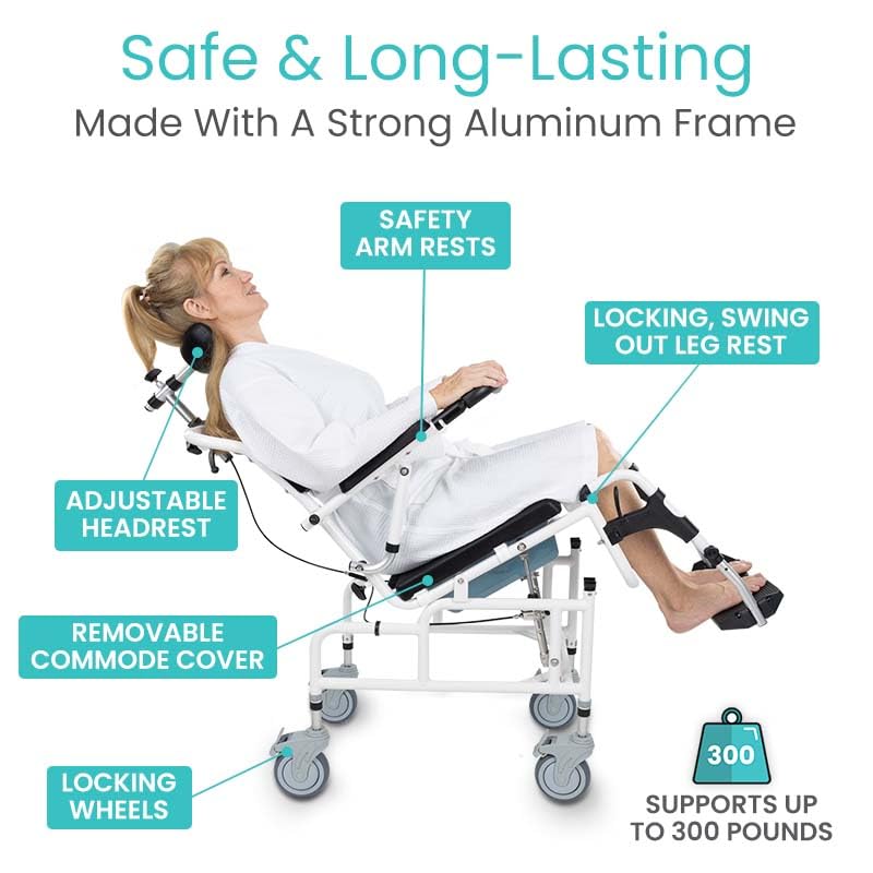 Vive Reclining Shower Chair with Wheels - Commode Wheelchair for Seniors, Disabled & Handicap - Padded Transfer Rolling Chairs w/Arms - Portable, Waterproof Shower Chair - Reclines for Easy Hair Wash | Disabled & Handicap - Padded Transfer Rolling Chairs