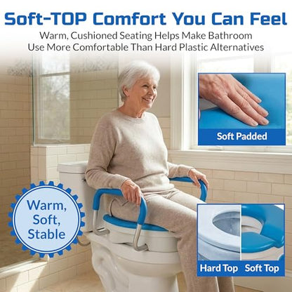 Deluxe Raised Toilet Seat with Handles, Padded Elevated Toilet Seat Riser | Easier, Safer Sit & Stand at the Toilet - padded seat, tool-free assembly