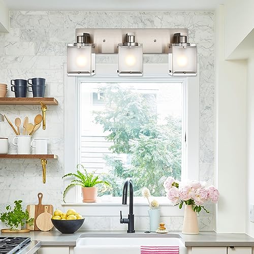 Modern 3-Lights Brushed Nickel Vanity Lights, Bathroom Light Fixture Over Mirror Wall Lighting Sconces with Frosted Glass Shades, E26 Bulb Base - color: Brushed Nickel, Frosted Glass, size: 3-Lights
