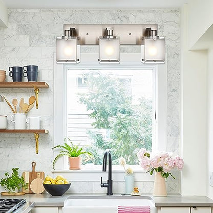 Modern 3-Lights Brushed Nickel Vanity Lights, Bathroom Light Fixture Over Mirror Wall Lighting Sconces with Frosted Glass Shades, E26 Bulb Base - color: Brushed Nickel, Frosted Glass, size: 3-Lights