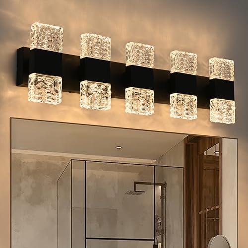 MELUCEE 30.3 in LED Bathroom Lighting Fixtures Over Mirror 40W | LED Vanity Light Black Modern Bathroom Light Bar Crystal Wall Light Fixtures, 3000K Warm Lighting, Built-in Led Chips - color: Black, size: 5 Lights