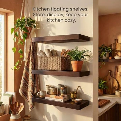 SAUMONIERES Floating Shelves Wall Shelf Solid Wood for Bathroom Bedroom Kitchen Set of 3, Espresso Wall Shelves - color: Espresso, size: 16 Inch-3 shelves
