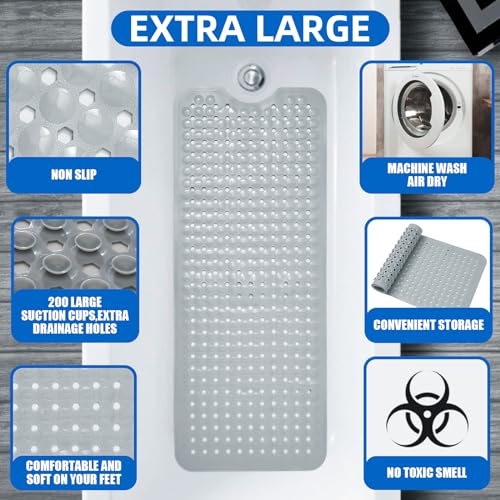 MOONFLY Shower and Bathtub Mat,40x16 Inches,Extra Long Non Slip Mats with Suction Cups and Drain Holes, Machine Washable and Anti Slip Bathmats, Bathroom Mats for Tub Nonslip (Grey) - color: Grey