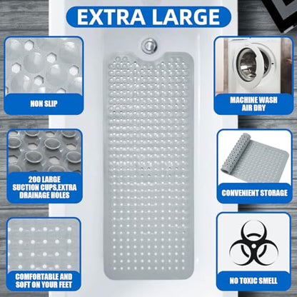 MOONFLY Shower and Bathtub Mat,40x16 Inches,Extra Long Non Slip Mats with Suction Cups and Drain Holes, Machine Washable and Anti Slip Bathmats, Bathroom Mats for Tub Nonslip (Grey) - color: Grey
