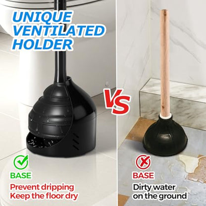 FORASTO Toilet Plunger with Holder,Powerful Clog Removal,Heavy Duty Plunger | Plungers for Bathroom,Bathroom Accessories,Cleaning Supplies,Home Essentials,Bathroom Decor,Toilet Bowl Cleaners,Black