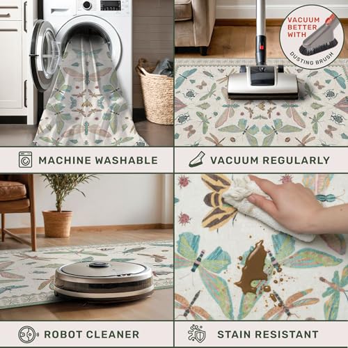 Hazo Haus Washable Non Slip Bathroom Runner Rug 2x5, Insect Boho Bath Mat, Stain Resistant Low Pile Butterfly Insect Print Rugs for Laundry Room, Powder Room, Beige Green - color: Beige Green, size: 2' x 5' (Runner)