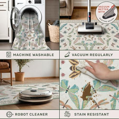 Hazo Haus Washable Non Slip Bathroom Runner Rug 2x5, Insect Boho Bath Mat, Stain Resistant Low Pile Butterfly Insect Print Rugs for Laundry Room, Powder Room, Beige Green - color: Beige Green, size: 2' x 5' (Runner)