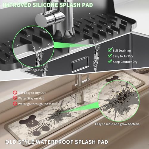 17” x 5.5” Silicone Faucet Handle Drip Catcher Tray Mat, Silicone Faucet Mat Dish Soap Sponge Holder for Kitchen Sink, Drying Mat for Kitchen Counter Bathroom Kitchen Sink Splash Guard - Black - size: 17” Black