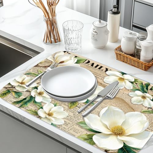 1Pc White Magnolia Dish Drying Mat 23.6 X 17.7 Inch/60 X 45 Cm Vintage Floral Dishes Drainer Mat Magnolia Absorbent Draining Pad Heat Resistant Coffee Bar Counter Mat With Hanging Loop - style: Vintage magnolia