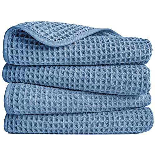 POLYTE 430 GSM Poly Blend Microfiber Quick Dry Waffle Hand Towel, 16x30 in | 4 Pack, Oversize, Lint Free, Quick Dry, Hanging Loop - color: Blue