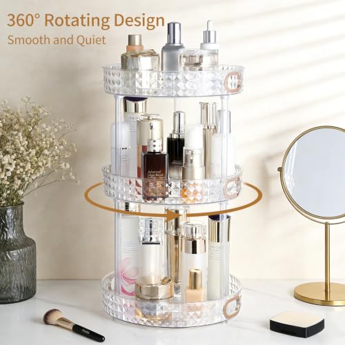 360 Rotating Perfume Organizer, 3 Tier, Diamond Pattern, Clear | 10.7" Large Rotating Makeup Organizer for Vanity, Bathroom Countertop Organizer, Lazy Susan, Skincare Lotion Perfume Storage - size: 3 Tier