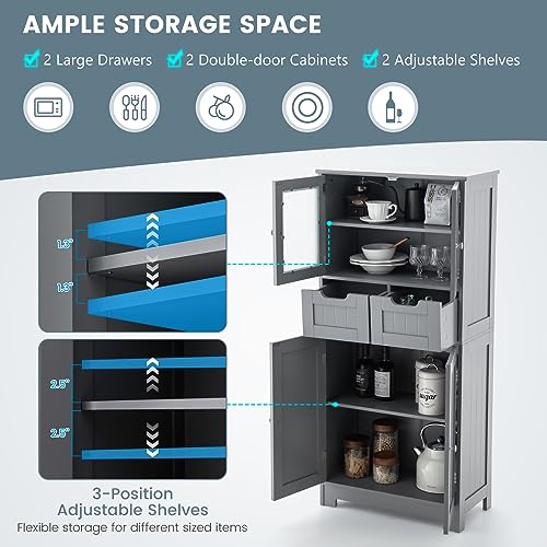 COSTWAY Bathroom Storage Cabinet, Freestanding Bathroom Organizer with Glass Doors, 2 Drawers and 2 Adjustable Shelves, Tall Linen Floor Cabinet for Bathroom, Living Room, Kitchen (Gray) | with Glass Doors, 2 Drawers & 2 Adjustable Shelves, Wooden Linen F
